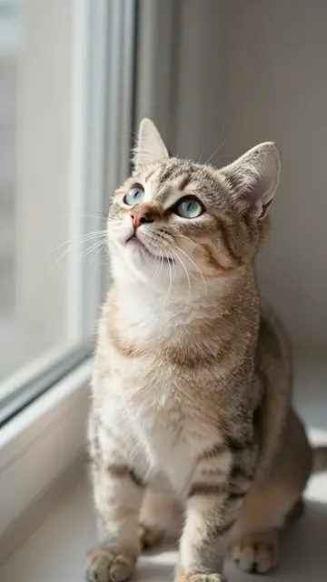 A light tabby kitten with pale blue eyes sits on a windowsill looking upward in soft natural window light.