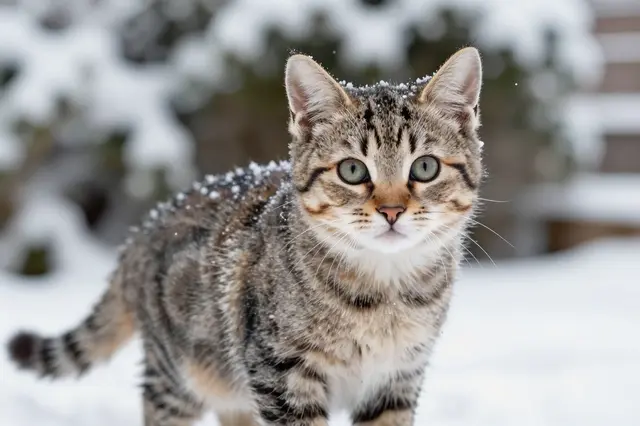 A tabby kitten with snow resting on its fur stands in a winter garden facing the camera