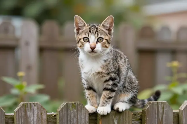A tabby and white kitten sits perched on a weathered wooden garden fence facing the camera