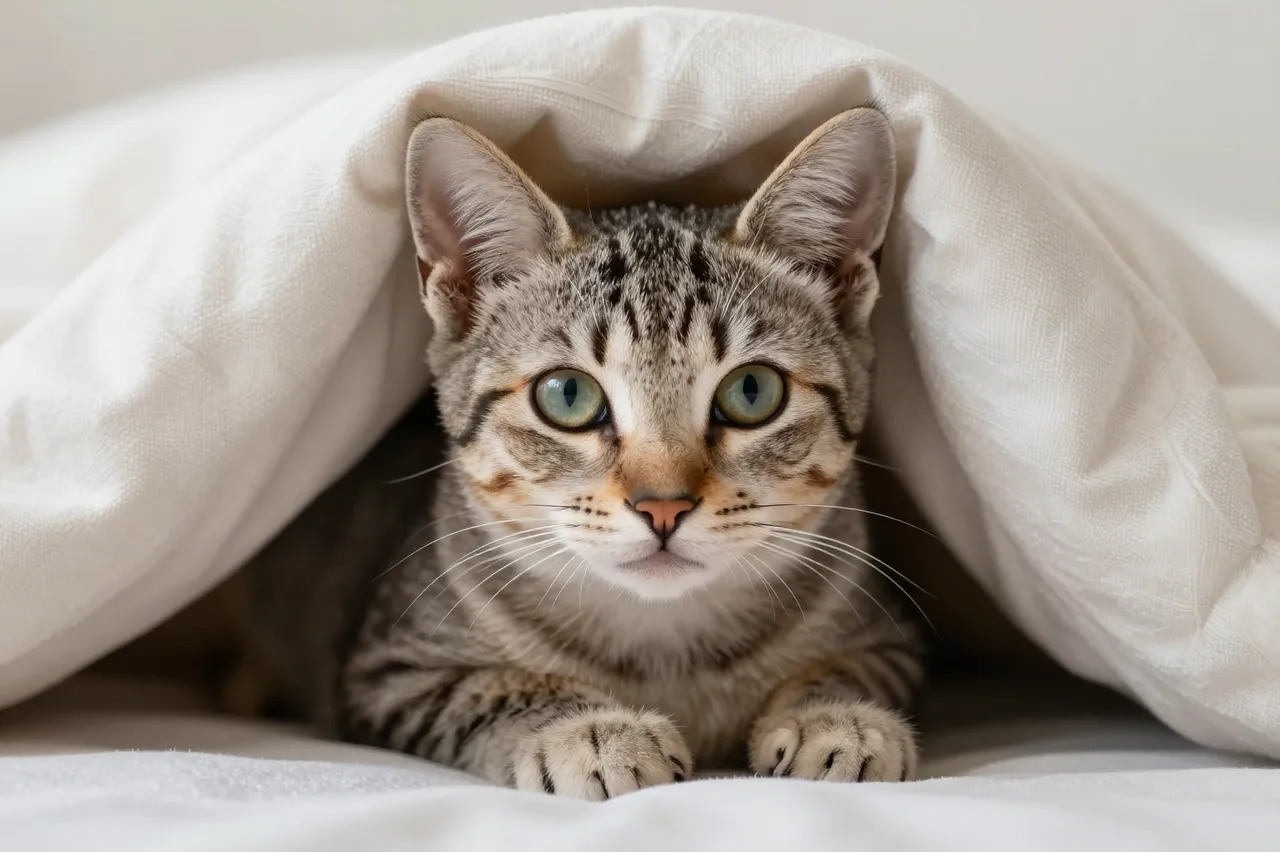 A tabby kitten with green eyes peeks out from under a soft white blanket, looking directly at the camera.