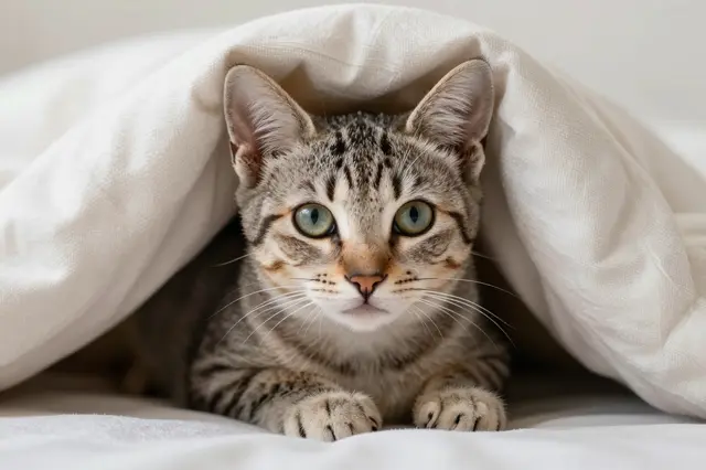 A tabby kitten with green eyes peeks out from under a soft white blanket, looking directly at the camera.