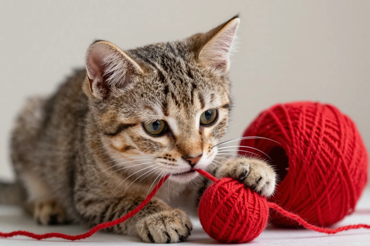 A tabby kitten holds and chews a strand of bright red yarn next to a yarn ball.