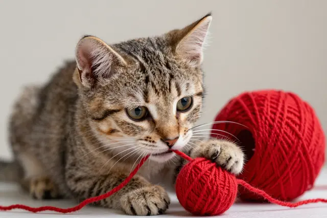 A tabby kitten holds and chews a strand of bright red yarn next to a yarn ball.
