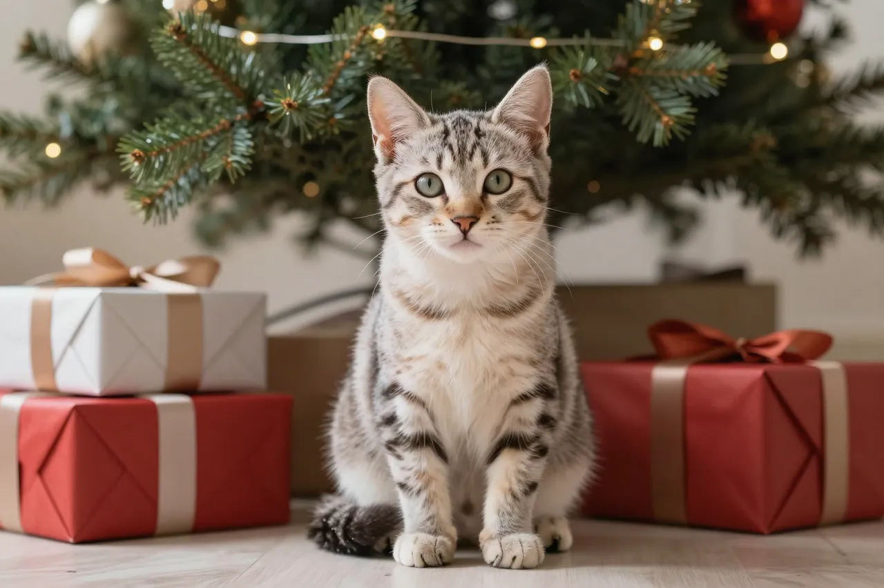 A tabby kitten sits upright facing the camera between wrapped gifts under a lit Christmas tree