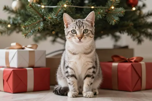 A tabby kitten sits upright facing the camera between wrapped gifts under a lit Christmas tree