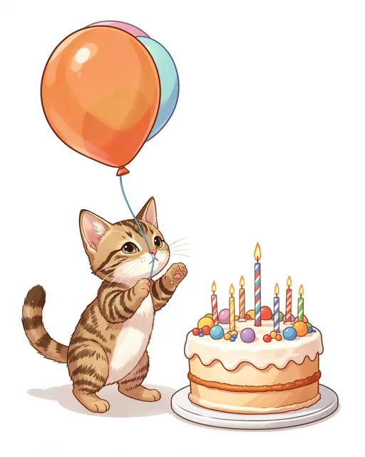 Cute tabby kitten plays with a balloon string next to a decorated birthday cake on a plain white background