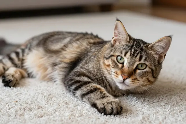 A long-haired tabby maine coon cat lies relaxed on a soft white plush carpet looking at the camera.
