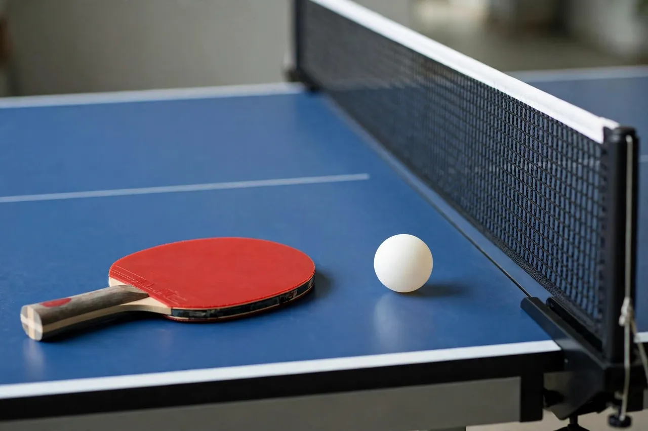 Red table tennis paddle and white ball resting on a blue ping pong table next to the net