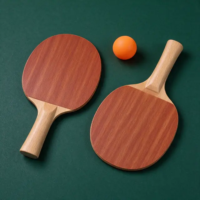 Two plain wooden table tennis paddles and an orange ball rest on a dark green table surface