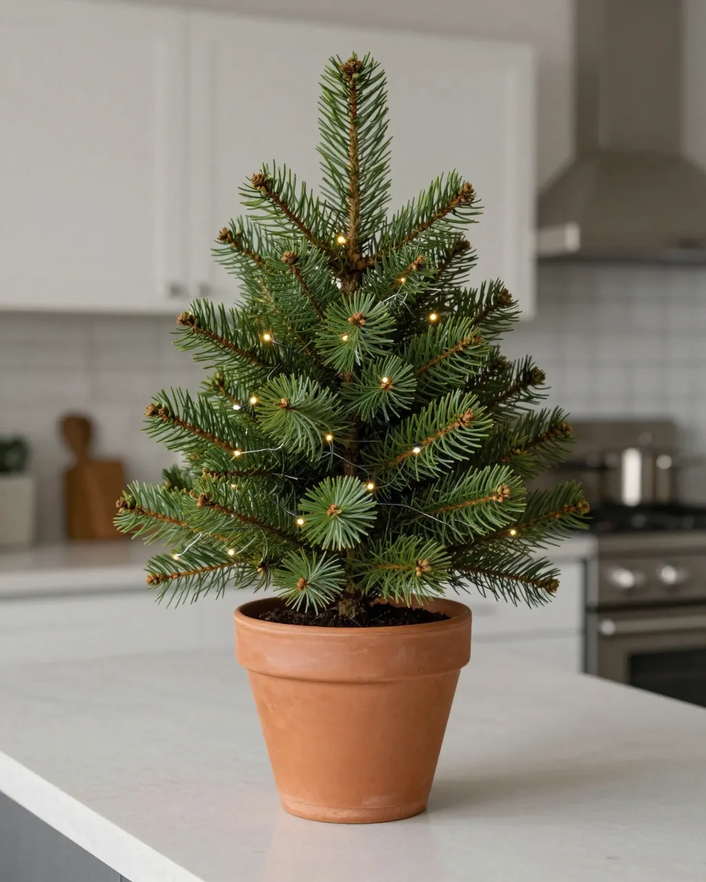 A small tabletop Christmas tree with tiny warm lights sits in a terracotta pot on a bright kitchen counter.