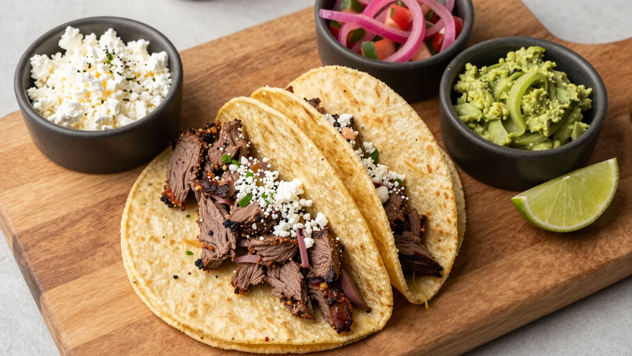 Overhead view of carne asada tacos and topping bowls arranged on a wooden serving board
