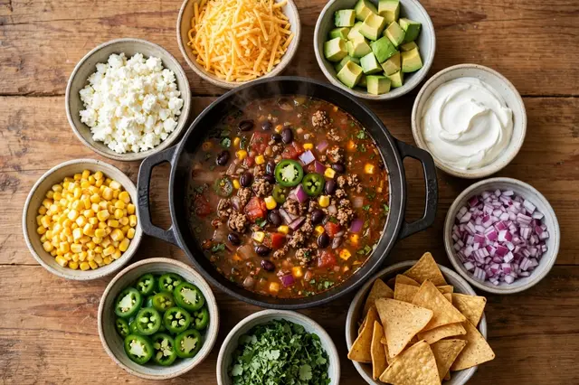 Overhead view of a pot of taco soup surrounded by bowls of toppings and tortilla chips on a rustic wooden table