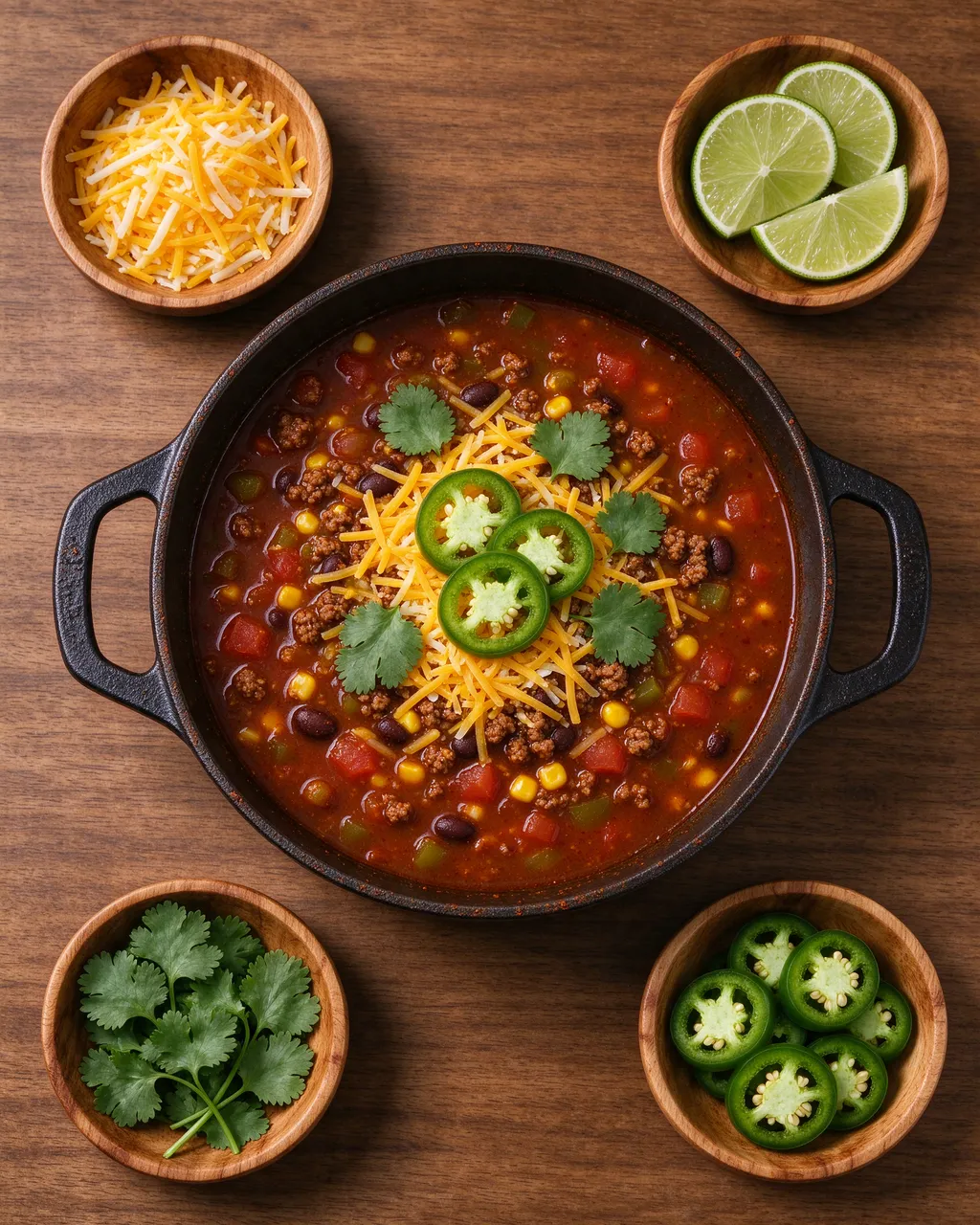 Top down view of cast iron pot of taco soup surrounded by small wooden bowls of toppings on a wooden table