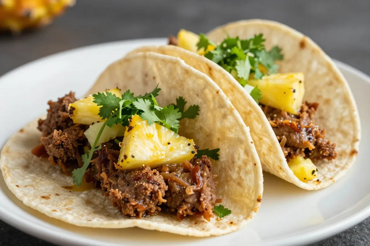 Two tacos al pastor topped with fresh pineapple chunks and cilantro sit on a white plate.