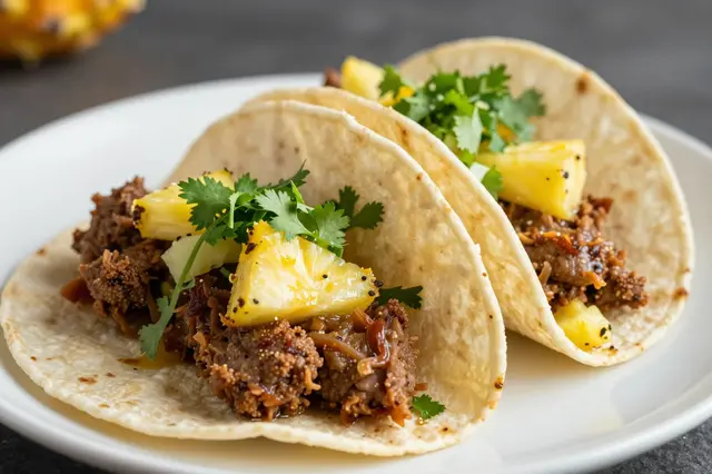 Two tacos al pastor topped with fresh pineapple chunks and cilantro sit on a white plate.