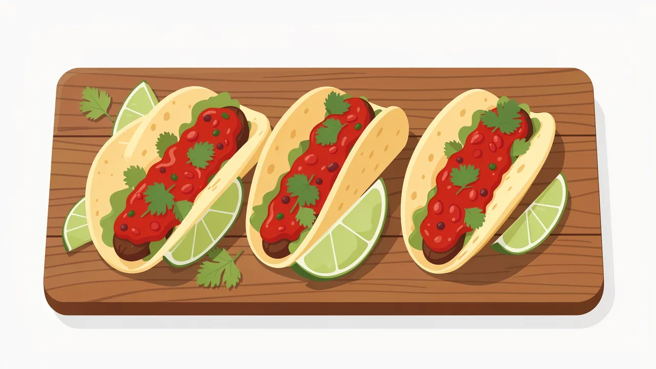 Flat vector illustration of three topped tacos with lime wedges and cilantro arranged on a brown wooden board