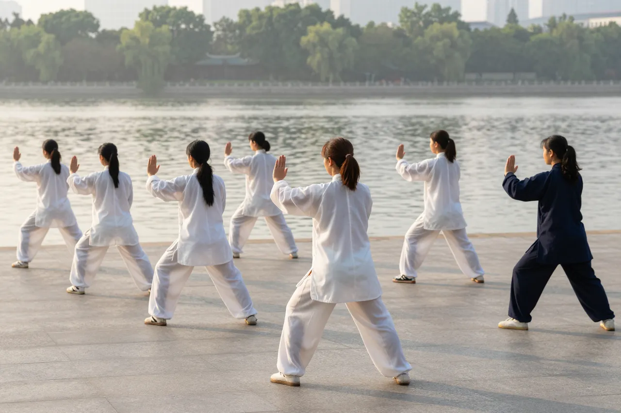 Group of people doing tai chi facing away from the camera on a paved riverside promenade at sunrise
