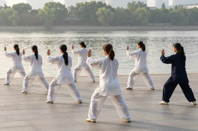 Group of people doing tai chi facing away from the camera on a paved riverside promenade at sunrise
