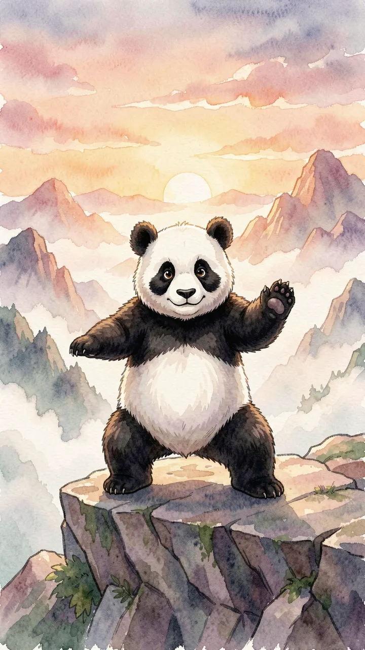A cute panda practices tai chi on a misty mountain ledge at pastel sunrise