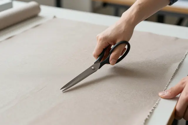 A person uses large shears to cut light brown fabric laid flat on a sewing workshop cutting table.