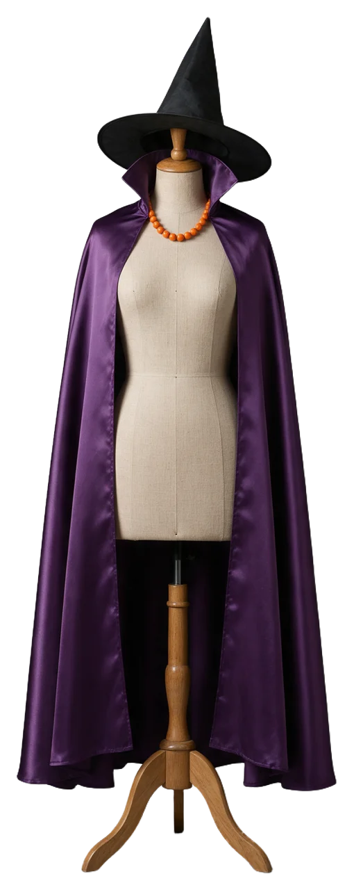 Linen tailor dress form displaying a purple satin cape, orange bead necklace and black witch hat
