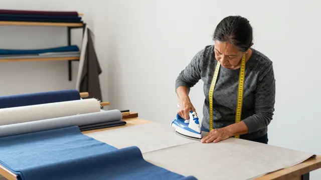 A mature female tailor presses fabric with an iron at a work table in a small tailoring workshop