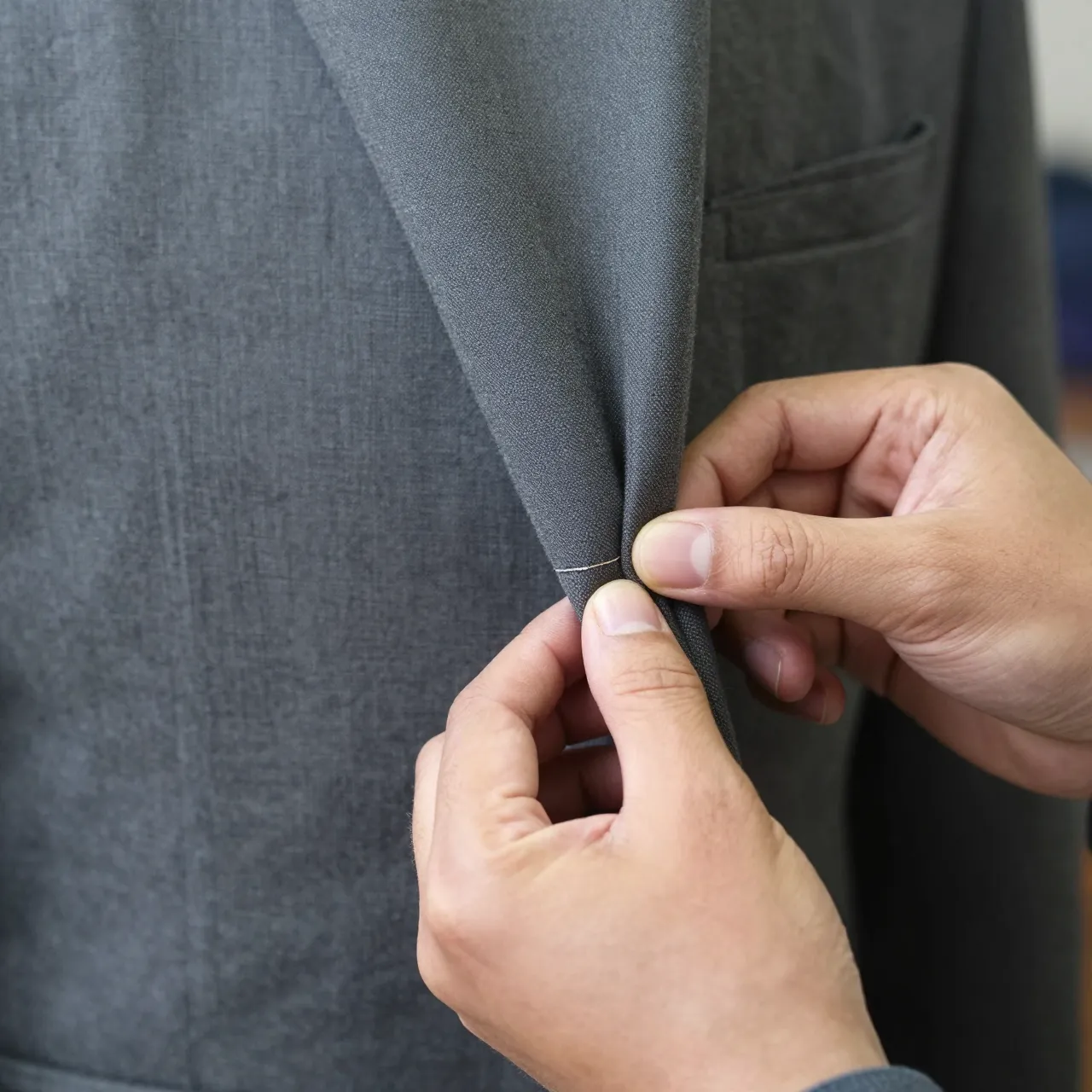 Close-up of a tailor's hands carefully hand-stitching the lapel of a gray wool jacket