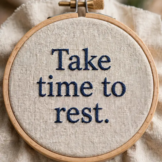 Wooden embroidery hoop holds natural linen stitched with navy thread reading "Take time to rest."