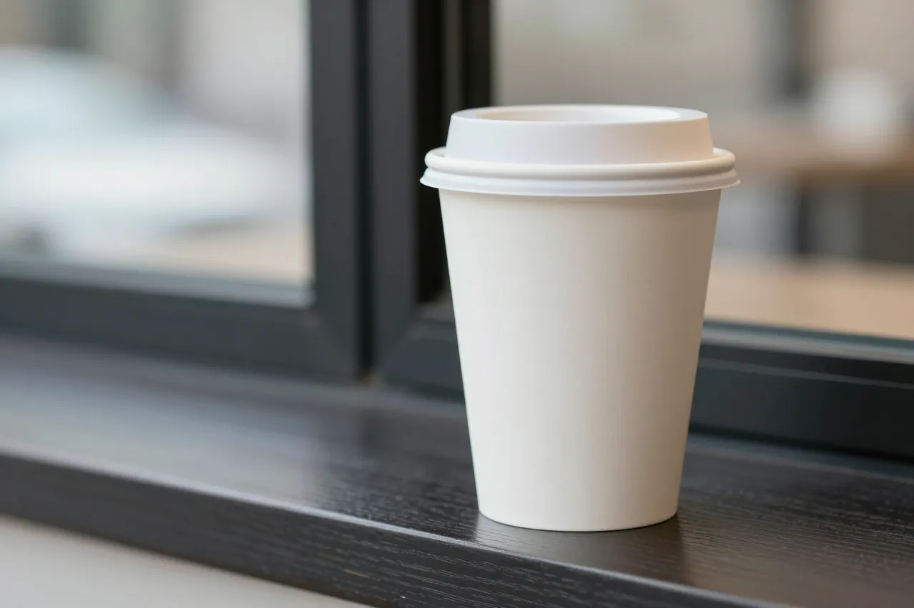 A plain white disposable takeaway coffee cup rests on a dark wood cafe windowsill beside a blurred window view.