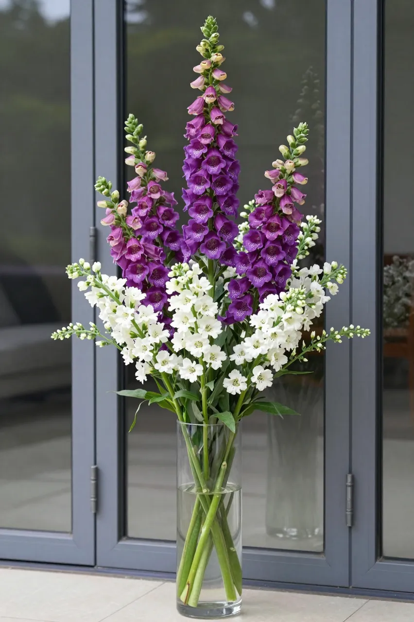 A tall glass vase of purple foxgloves and white blooms sits beside gray framed glass garden doors.
