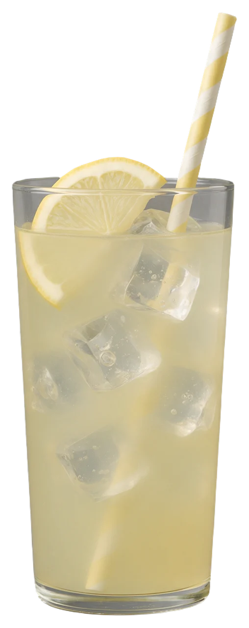 A tall clear glass of lemonade with ice, a lemon slice on the rim, and a striped paper straw.
