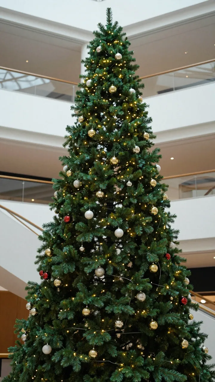 Large decorated Christmas tree stands in a multi-level building atrium viewed from above.