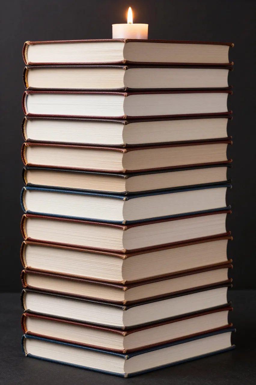 A tall stack of plain leather bound books has a single lit candle resting on the top against a dark background.