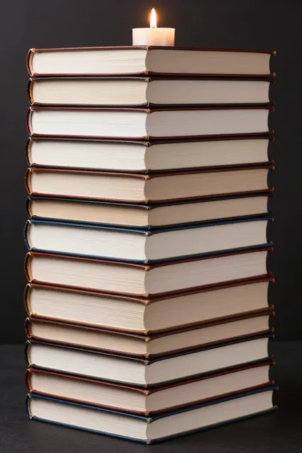 A tall stack of plain leather bound books has a single lit candle resting on the top against a dark background.