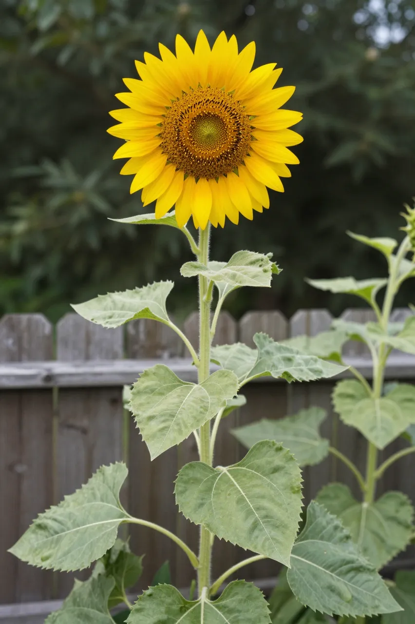 A fully bloomed tall sunflower stands prominently in front of a weathered wooden garden fence with blurred green trees