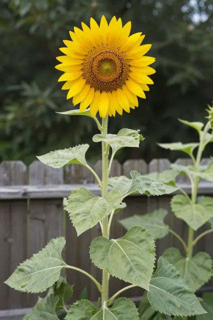 A fully bloomed tall sunflower stands prominently in front of a weathered wooden garden fence with blurred green trees
