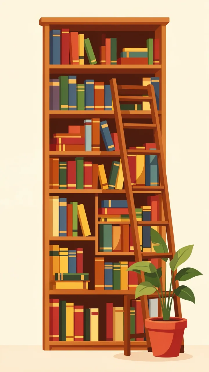 Vertical flat vector illustration of a tall filled wooden bookcase, rolling ladder, and potted houseplant.