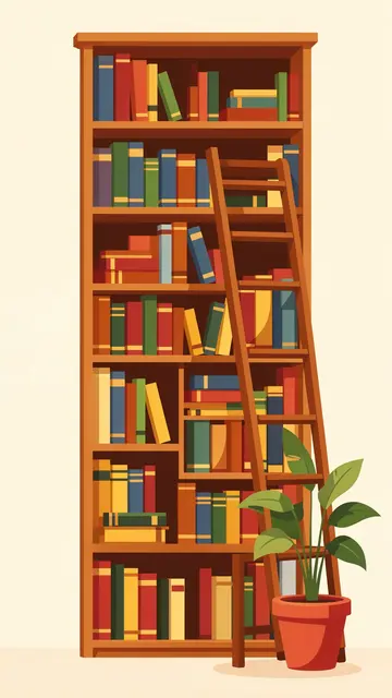 Vertical flat vector illustration of a tall filled wooden bookcase, rolling ladder, and potted houseplant.