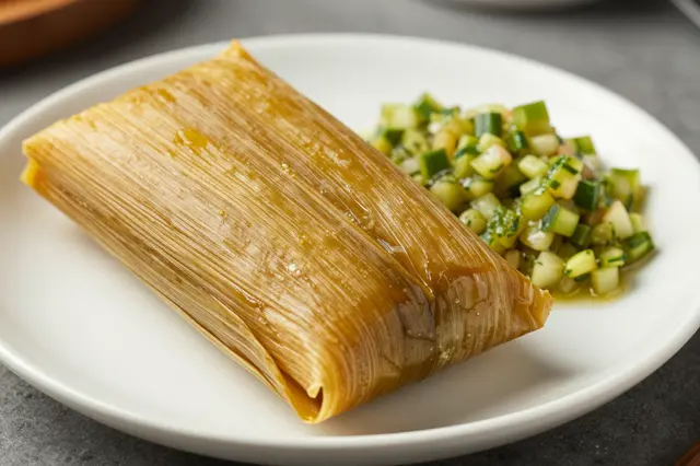 A tamale wrapped in corn husk rests on a white plate beside green vegetable salsa.