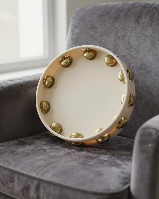 A tambourine with brass jingles rests on a worn gray velvet armchair lit by soft window light.