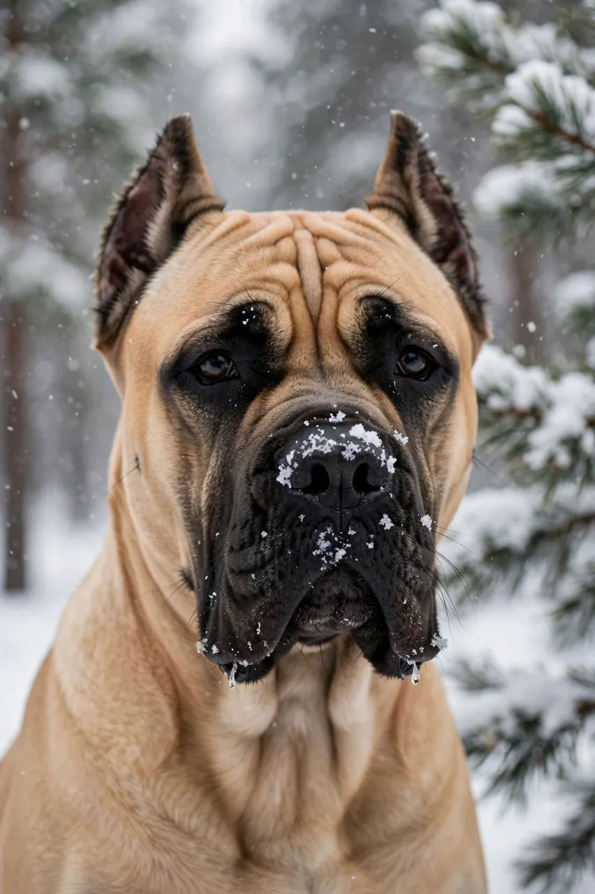 Close-up head portrait of a tan Cane Corso with snow on its nose in a snowy pine forest