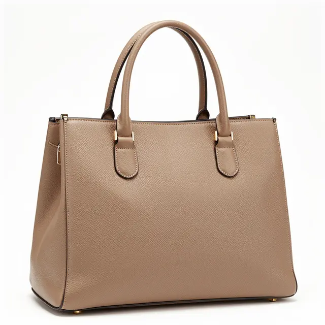 A structured tan leather top handle handbag displayed against a plain pure white studio background