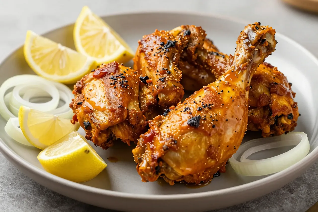 Spiced tandoori chicken pieces served on a gray plate with fresh lemon wedges and sliced onion rings.