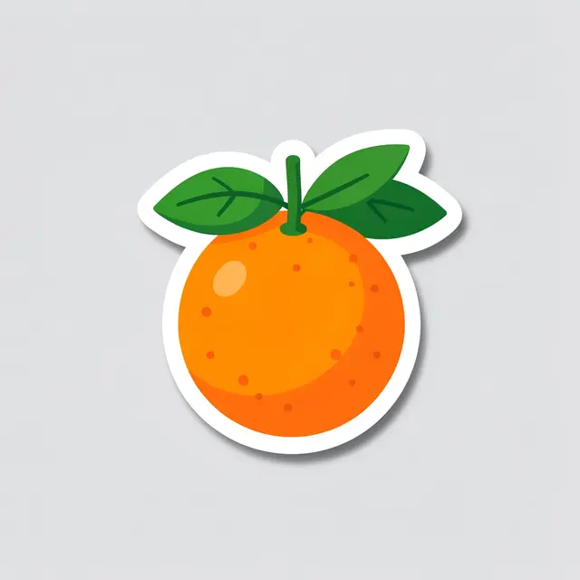 Die-cut sticker of a tangerine with leaves and white border on light gray background