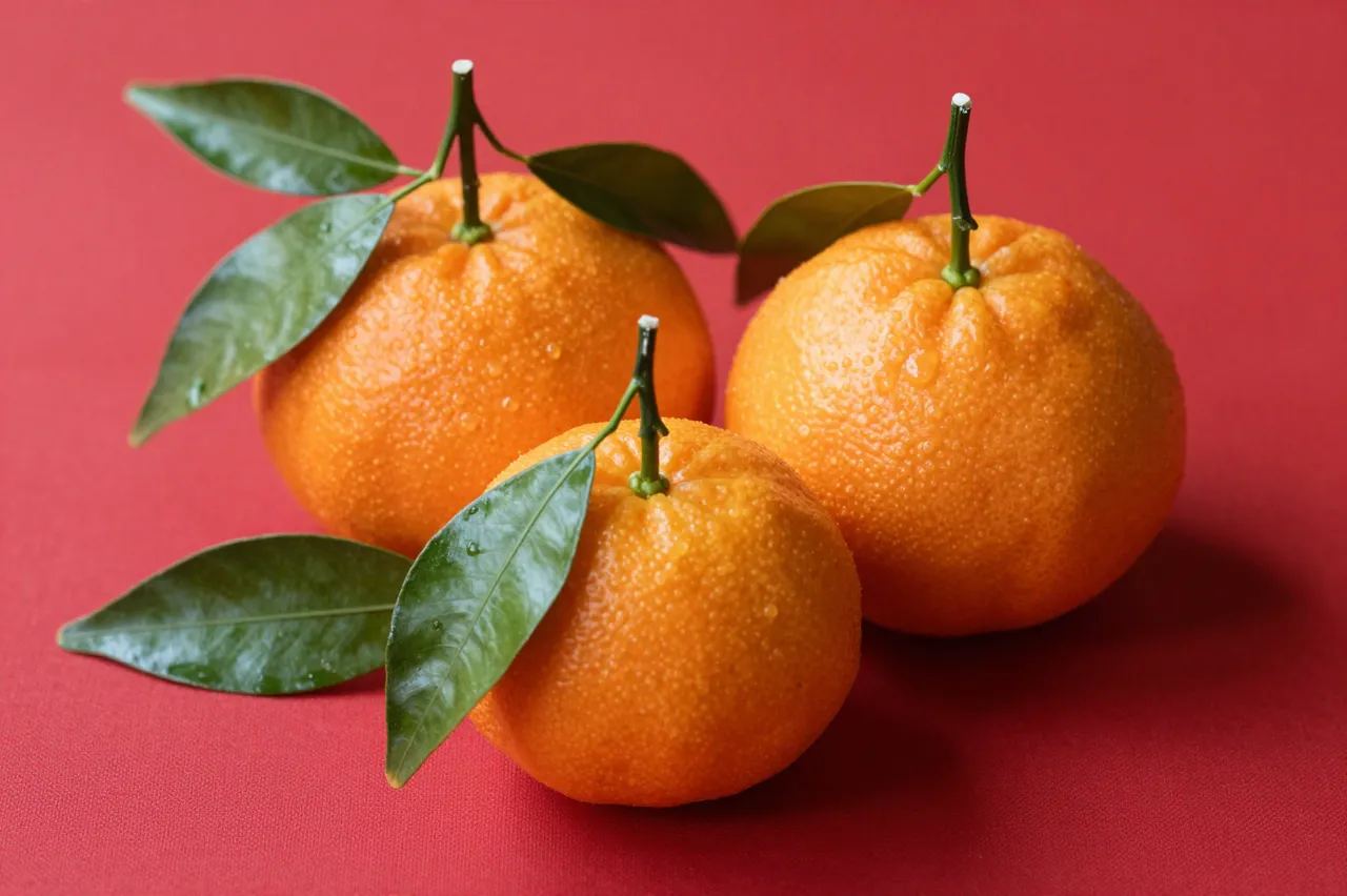 Three fresh tangerines with attached green leaves rest on a solid red tablecloth.