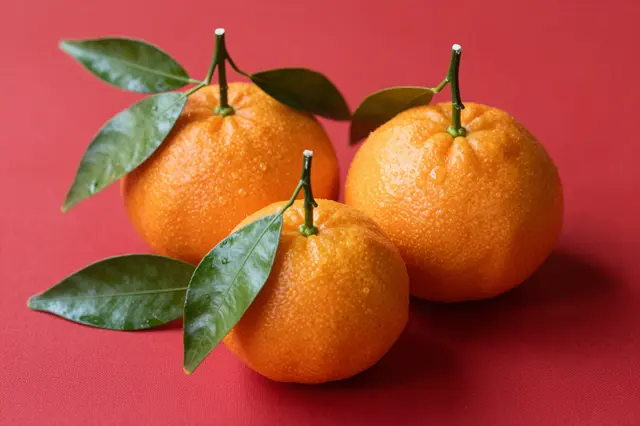 Three fresh tangerines with attached green leaves rest on a solid red tablecloth.