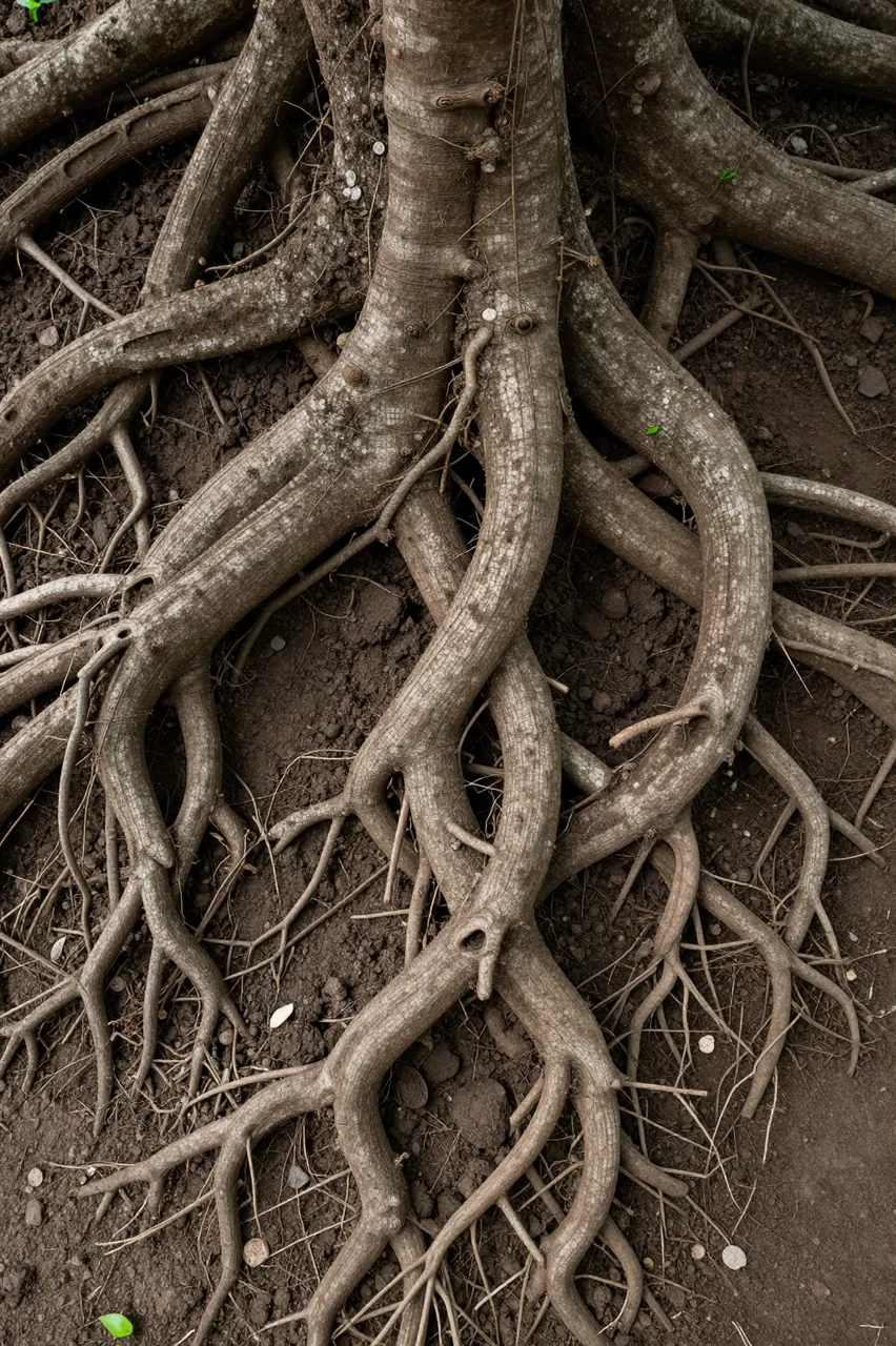 Top down close up view of gnarled exposed tree roots tangled across dark crumbly soil