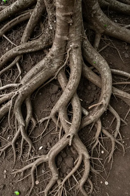 Top down close up view of gnarled exposed tree roots tangled across dark crumbly soil