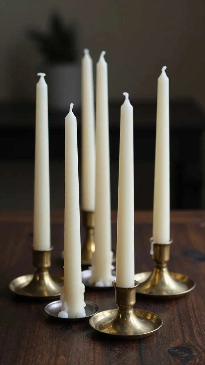 Unlit cream taper candles with wax drips sit in brass holders on a dark wood table