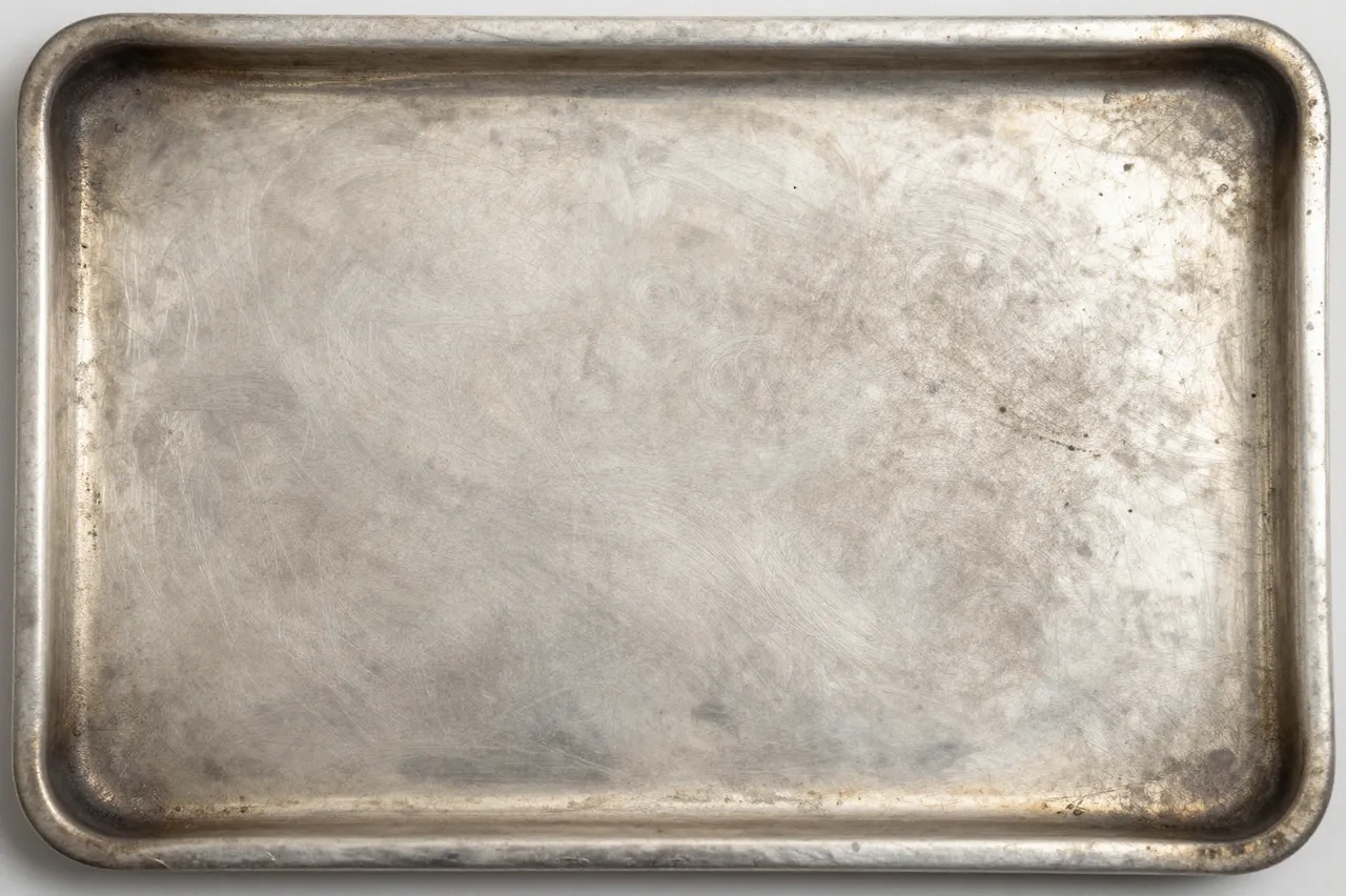 Top view full frame of a worn oxidized silver tray with dark tarnish in recessed edges and flat even lighting